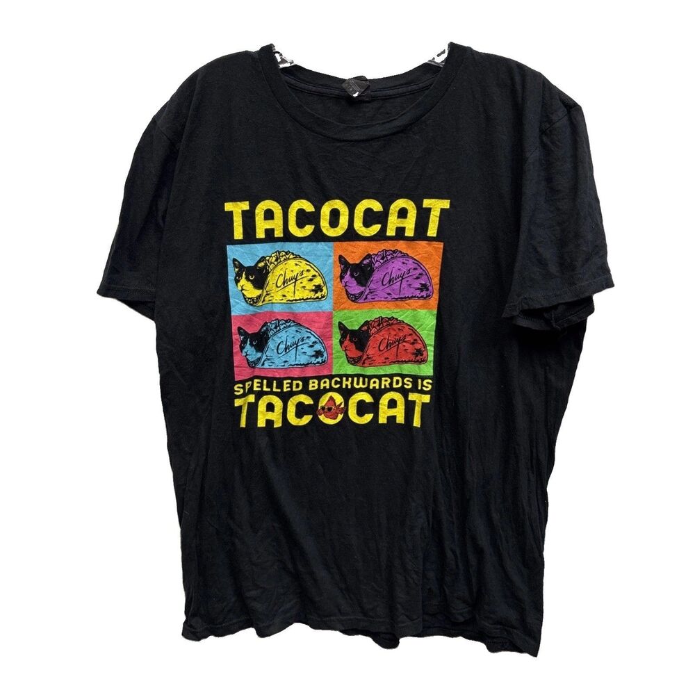 Anvil  Tacocat T shirt L Black Cotton Graphic Pullover Short Sleeve Colorful
